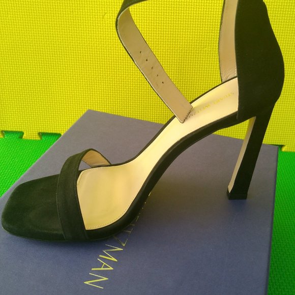 Stuart Weitzman 100 square nudist Black luxe Suede Sandal Heels size M9.5 - Picture 11 of 12
